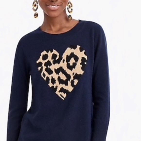 J. Crew navy leopard heart 100% cashmere crewneck sweater. Small. - Picture 1 of 6